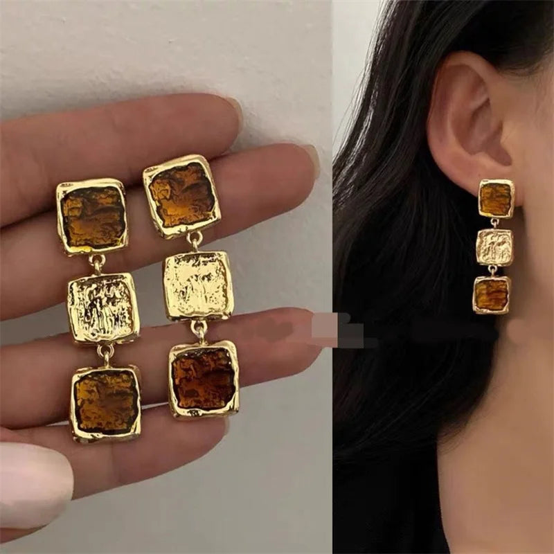 French Resin Square Long Earrings