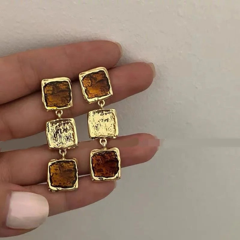 French Resin Square Long Earrings